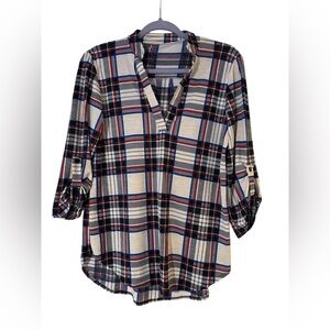 White and Blue Cuffed Sleeve Blouse with Mandarin Collar